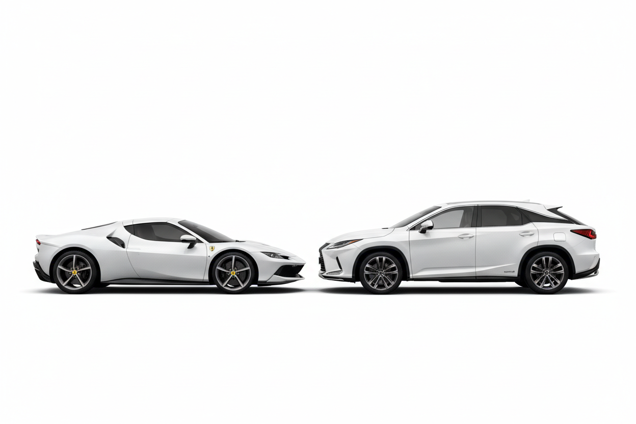 Ferrari branca e Lexus RX 450h+ de perfil face a face em fundo branco