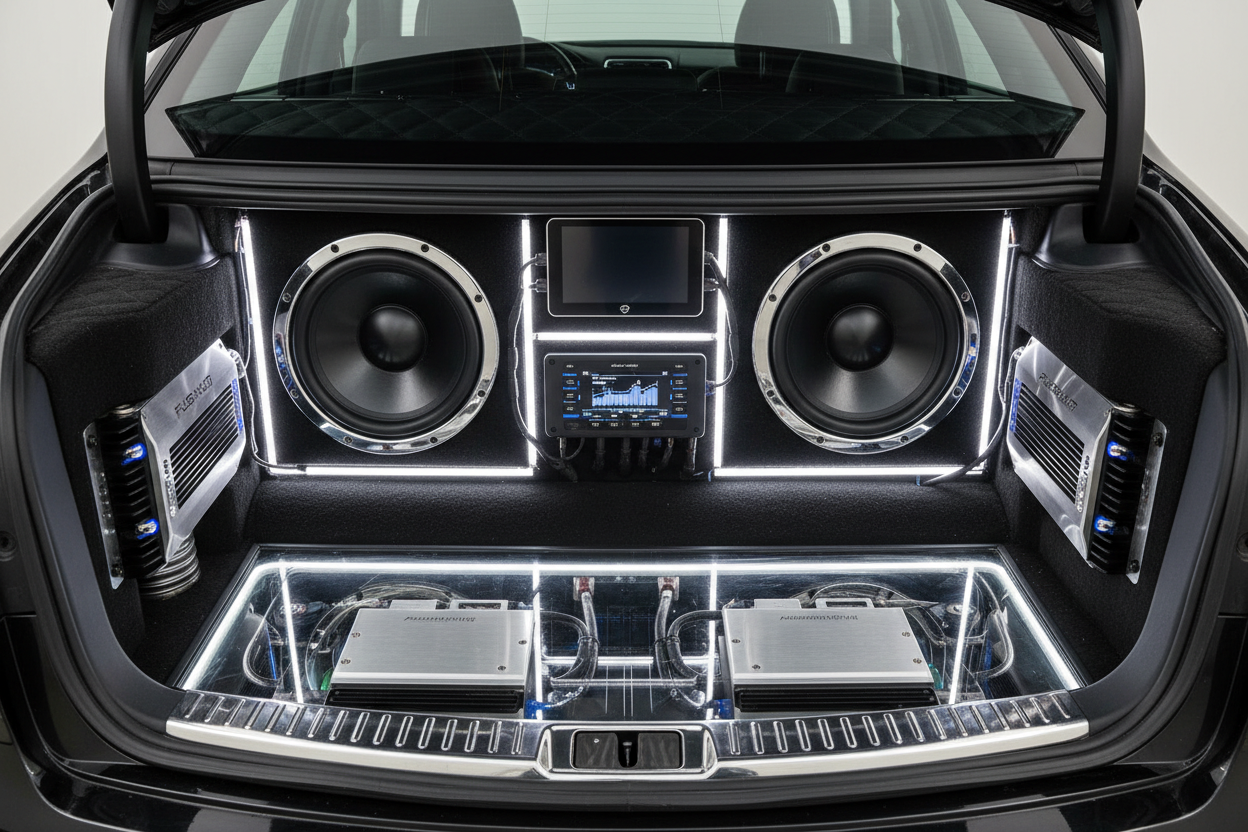 Sistema de som automotivo profissional para porta-mala